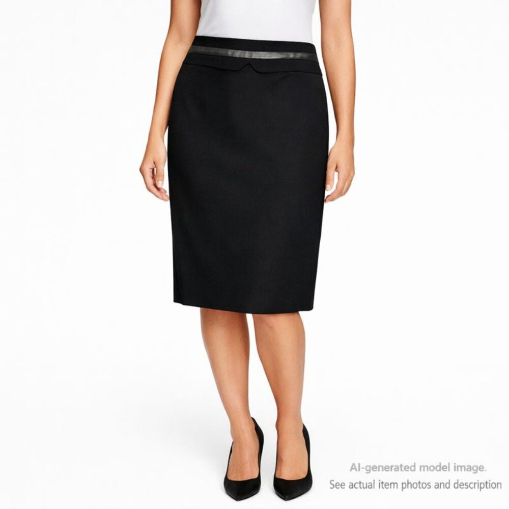 329. Karen Millen Black Pencil Skirt Faux Leather Waist Trim Size 12